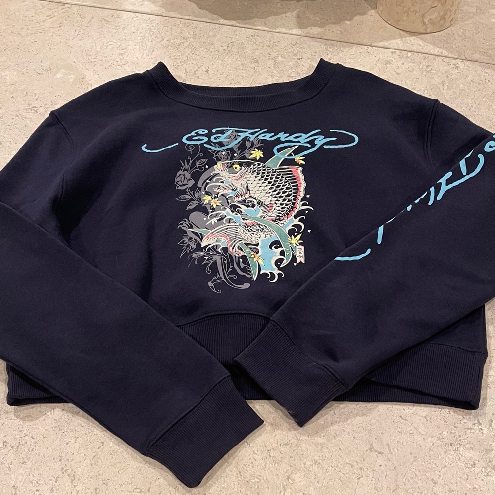 Ed Hardy Women’s 💙 Navy Koi Fish Logo On Back Cropped Pullover Sweatshirt XL